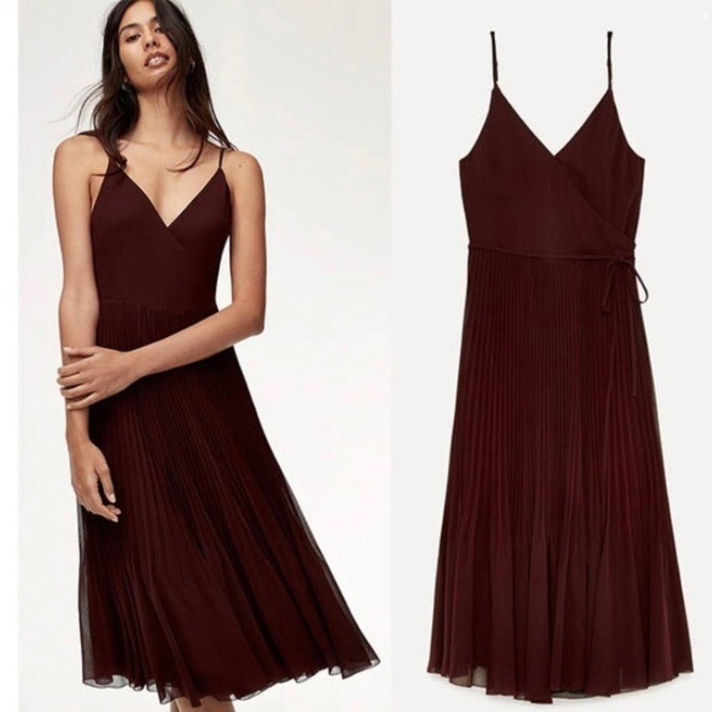Aritzia Brown Pleated Midi Wrap Slip Dress